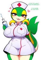 ai_generated anthro anthrofied big_breasts blush breasts clothed clothing female generation_5_pokemon green_body hat headgear headwear heart hellsonger hi_res legwear looking_at_viewer nintendo non-mammal_breasts nurse nurse_clothing nurse_uniform open_mouth pokemon pokemon_(species) red_eyes reptile scalie scientific_instrument simple_background snivy solo syringe text uniform white_background wide_hips