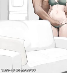 1boy absurdres arknights bra breasts cleavage couch female fingering green_bra green_panties highres indoors male male/female medium_breasts navel panties straight tab_head texas_(arknights) underwear underwear_only