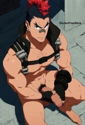 abs ai_generated balls bara biceps big_balls big_penis erection glutenfree_bara kill_la_kill kinagase_tsumugu male male_nipples male_only manly masturbation mohawk mohawk_(hairstyle) muscular_male nipples nude pecs penis