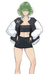 black_skirt cuaaaaack female green_hair highres medium_hair miniskirt one-punch_man short_hair skirt solo tatsumaki