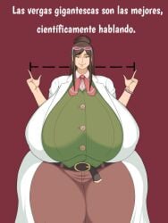 ace_attorney brown_hair drawthedraw ema_skye female gigantic_breasts gigantic_thighs glasses glasses_on_head hyper hyper_breasts labcoat ponytail size_queen smile smug spanish_text twitter_link vest wide_hips