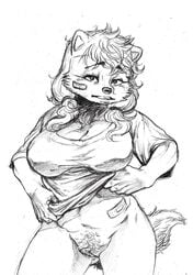 2017 anthro bandage bedroom_eyes belly big_breasts biped black_nose blush bottomless breasts canine canine cheek_tuft cleavage clothed clothing clothing_lift eyelashes female first_person_view fluffy fluffy_tail front_view fur greyscale guide_lines hair half-closed_eyes hand_on_hip hatching_(technique) hi_res holding_clothing humanoid_hands hybrid jindo kemono kishu_inu line_art long_hair looking_at_viewer mammal monochrome navel pencil_(artwork) portrait pubes pussy raised_eyebrows ryonggay scar seductive shirt shirt_lift simple_background solo standing three-quarter_portrait traditional_media_(artwork) tuft twintails undressing white_background yong-sil_(ryonggay)