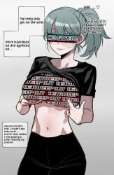 big_breasts censor_bar censored censored_breasts censored_eyes censored_for_betas cuckold cuckold_pov green_hair hypnosis leggings lifting_shirt mind_control netorare ratatatat74 sweat