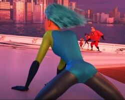 1girls 2024 ass ass_focus background_characters blue_hair bob_parr cropped cropped_image dash_parr disney female female_focus gloves karen_fields pixar screenshot solo_focus superhero_costume superheroine the_incredibles the_incredibles_2 violet_parr voyd_(the_incredibles)