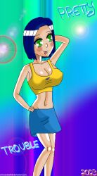 1girls 2023 blue_hair blue_miniskirt bob_cut breasts cleavage color colored colorful_background crimsonskull18 crop_top deviantart deviantart_link deviantart_url female female_only goanimate gradient_background green_eyes lauren_mccormick midriff miniskirt navel short_hair solo solo_female vyond yellow_crop_top