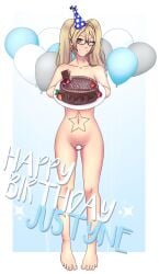 1girls barefoot birthday birthday_cake birthday_hat blonde_hair breasts brown_eyes busty completely_nude completely_nude_female female female_only glasses justyne_(zamo-jus-97) justyne_vaughn_zamora long_hair medium_breasts navel nipples nude nude_female nudist pussy smile solo stomach_tattoo tattoo twintails voicexofxviolence zamo-jus-97