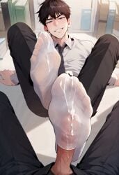 2boys ai_generated black_necktie black_pants blush brown_hair bulge collared_shirt cum cum_on_body earrings feet foot_focus foot_up footjob foreshortening formal gay grin highres image_sample jewelry looking_at_viewer male male_only mole multiple_boys necktie no_shoes original pants pantyhose penis pixiv_sample pov shirt short_hair smile socks soles toenails toes white_shirt yaoi