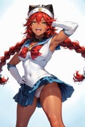 ai_generated bishoujo_senshi_sailor_moon braid clothing hat looking_at_viewer lupusregina_beta open-mouth_smile overlord_(maruyama) panties red_hair sailor_moon sailor_moon_(cosplay) skirt twin_braids white_panties yellow_eyes