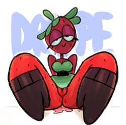 anthro black_boots breasts dress drupe food fruit going_commando green_dress no_panties ok_k.o.!_let's_be_heroes pussy red_skin skirt strawberry upskirt