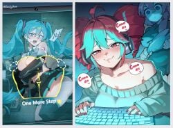 3girls big_breasts biometric_verification blue_eyes blue_hair breasts color colpr covering_breasts dialogue english_text female female_focus female_only hatsune_miku kasane_teto lewd_security_verification light_skin megurine_luka meme pink_hair red_eyes red_hair sintrybest skirt text trend twitter_link utau vocaloid yuri