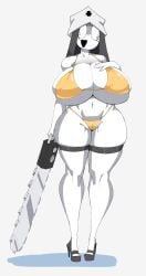 1girls bikini breasts breasts_bigger_than_head chainsaw female female_only friday_night_fever friday_night_funkin friday_night_funkin_mod high_heels holding_object loftysundew not_furry nun pussy solo_female tagme taki_(fevertown) vulva white_body yellow_bikini
