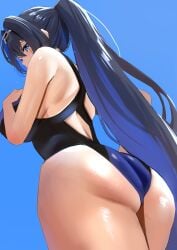 ass black_hair black_one-piece_swimsuit blue_eyes blue_hair blue_one-piece_swimsuit blue_sky breasts chain_headband chains day female from_below highres hololive hololive_english hololive_english_-council- hololive_english_-promise- huge_breasts long_hair official_alternate_costume official_alternate_hairstyle one-piece_swimsuit ouro_kronii ouro_kronii_(holonatsu_paradise) outdoors redi_(rasec_asdjh) sky solo swimsuit two-tone_one-piece_swimsuit virtual_youtuber