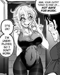 1boy 1girls 2025 2d 4_panel_comic big_breasts black-haired_male black_and_white black_hair blonde_female blonde_hair blush blush_lines bodysuit breasts comedic comedy comic crazed_expression crazy_eyes crazy_female crazy_smile dialogue doorway english_dialogue english_text female funny human human_female human_male human_only large_breasts looking_at_viewer male mimi_(nhim) mimi_(nhim_art) nhim_art no_job peace_sign roy_(nhim_art) school smiling_at_viewer speech_bubble sweat sweatdrop swirly_eyes teasing text text_bubble thick_thighs thighhighs thighs tight_clothing twitter_link twitter_username unemployed v v_sign