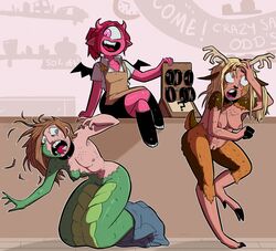 anthro blonde_hair breasts cervine collar deer demon female hair jamsnjellies mammal naga pussy red_hair reptile scalie sitting snake standing store transformation