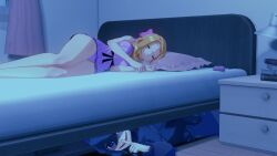 2girls 3d bed black_hair blonde_hair female female_only hex_maniac hiding koikatsu lingerie perfect_idiot pokemon pokemon_xy serena_(pokemon) sleeping under_the_bed
