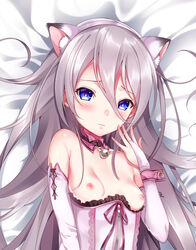 animal_ears bed_sheet bell bell_collar blue_eyes breasts bridal_gauntlets cat_ears collar cut_(bu-kunn) fake_animal_ears female from_above grey_hair hair_between_eyes hairband highres long_hair looking_at_viewer nipples original pink_hairband small_breasts solo upper_body wrist_cuffs