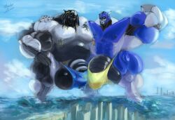 abs balls belly big_bulge big_muscles big_nipples big_pecs blue_clothing blue_underwear bulge bungie citadel_(jikrana) clothed clothing destiny_(series) drakei dreadlocks duo exo flexing flexing_bicep genitals hi_res huge_bulge huge_muscles huge_pecs humanoid hyper hyper_bulge hyper_muscles ineffective_underwear machine macro male musclegut muscles muscular muscular_arms muscular_male nipples pecs piercing robot robot_humanoid sea standing underwear underwear_only water yellow_clothing yellow_underwear zephobot