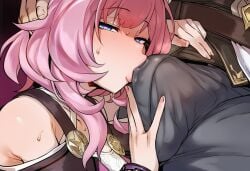 1girls ai_generated blue_eyes boner boner_under_clothes cyrene_(honkai:_star_rail) female gunlimaker honkai:_star_rail honkai_(series) kissing phainon_(honkai:_star_rail) pink_hair