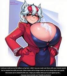 ai_generated aurorax beelzebub_(helltaker) blazer breast_focus breasts_bigger_than_head breasts_focus bulging_breasts bursting_breasts business_suit caption caption_box cleavage covered_nipples cum_on_breasts demon_girl enormous_breasts female freckles freckles_on_breasts gigantic_breasts hands_on_hips helltaker huge_breasts hyper_breasts imminent_paizuri imminent_rape imminent_sex implied_paizuri massive_breasts paizuri_invitation pale_skin red_eyes round_breasts smug solo spherical_breasts suit text text_box tight_fit white_hair
