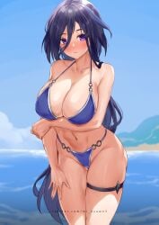 1girls bikini breasts clorinde_(genshin_impact) female female_focus female_only genshin_impact large_breasts light-skinned_female light_skin mi_nyawn3 solo swimsuit thick_thighs thighs wide_hips