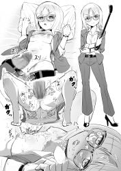 1boy absurdres after_sex belt bracelet brave_witches breasts censored clock commentary_request cum cum_on_body edytha_rossmann empty_eyes erection female ganbabababa glasses high_heels highres jacket jewelry lying multiple_views nipples office_lady on_bed open_clothes pants penis pillow sex shirt short_hair simple_background small_breasts straight vaginal_penetration world_witches_series