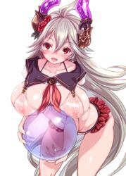 ball beachball bikini blush breasts doraf female granblue_fantasy grey_hair hair_between_eyes harigane_shinshi highres horns huge_breasts large_breasts leaning_forward long_hair looking_at_viewer nipples open_mouth red_eyes see-through simple_background solo swimsuit threo_(granblue_fantasy)