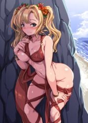 beach bikini bikini_pull blonde_hair blue_eyes blush bracelet breasts cleavage cloud collarbone covered_nipples day female flower granblue_fantasy hair_flower hair_ornament harigane_shinshi hibiscus highres jewelry large_breasts leaning_forward long_hair looking_at_viewer navel nipples ocean one_breast_out outdoors red_bikini side-tie_bikini sketch sky smile solo sunglasses sunglasses_on_head swimsuit twintails zeta_(granblue_fantasy)