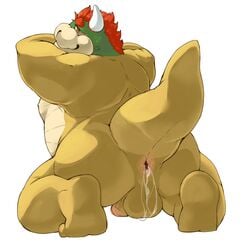 1boy after_anal after_sex anthro anus balls bara bowser cum cum_in_ass cum_inside donguri full_body gay hair hi_res horn kneeling koopa male male_only mario_(series) nintendo nude penis red_hair scalie simple_background solo testicles video_games white_background