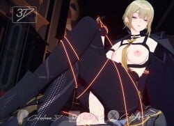 1boy 1girls 3d animated blonde_female blonde_hair bondage breasts colorless_3d dab_neko evelyn_chevalier exposed_breasts female femdom gloves heels light-skinned_female light-skinned_male light_skin longer_than_10_seconds looking_at_viewer male medium_breasts purple_eyes sex sex_from_behind shorter_than_30_seconds smug straight tagme thigh_sex tied_up video zenless_zone_zero