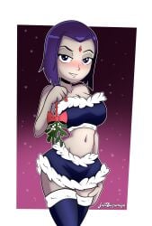 big_breasts black_background blush breasts christmas_outfit clothing female forehead_jewel fur_trim fur_trim_(clothing) got0h goth_girl gothic_girl gradient_background holding_mistletoe javisuzumiya looking_at_viewer midriff mistletoe navel pink_background purple_hair raven_(dc) short_hair smile solo teen_titans teen_titans_(television_series) thighhighs