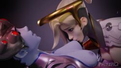 2girls 3d absurdres alien_girl areolae blender blonde_hair blue_eyes breast_sucking breasts female female_only fritzhq highres interspecies mercy nipples overwatch widowmaker yuri