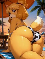 ai_generated animal_crossing animal_print anthro ass beach big_ass big_butt bikini blush bodily_fluids bottomwear breasts brown_eyes butt_squish camel_toe canid canine canis clothing cloud coconut cow_print cow_print_bikini curvaceous curvy_figure day detailed domestic_dog drupe_(fruit) fat_rolls female food fruit fur furry gasping hi_res hips isabelle_(animal_crossing) leaning looking_at_viewer looking_back looking_back_at_viewer lying mammal nintendo open_mouth outside palm_tree plant presenting presenting_hindquarters sand seaside shaded shih_tzu shocked side_boob sky slightly_chubby soft_shading solo squish sunset surprise sweat sweaty_body sweaty_butt swimwear tail teeth text thick_thighs topwear toy_dog tree umbrella voluptuous wood_floor yellow_body yellow_fur