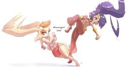 2girls anthro attack attacking bananagaari breasts breasts_out female female_only genie multiple_girls nipples rabbit_ears rabbit_girl sega shantae shantae_(character) sonic_(series) sweat sweating sweaty underboob vanilla_the_rabbit wayforward