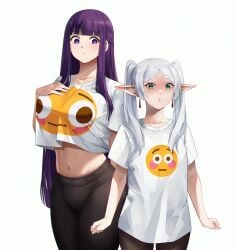 2girls absurdres alternate_costume arms_at_sides black_pants blush breasts closed_mouth cowboy_shot crop_top crop_top_overhang earrings elf emoji female fern_(sousou_no_frieren) flushed_emoji_shirt frieren green_eyes grey_hair hand_on_own_chest height_difference highres inkspirate instagram_logo instagram_username jewelry large_breasts long_hair long_pointy_ears meme midriff multiple_females multiple_girls navel pants parted_bangs pointy_ears pout purple_eyes purple_hair shirt short_eyebrows short_sleeves simple_background sousou_no_frieren standing t-shirt thick_eyebrows twintails very_long_hair white_background white_shirt yoga_pants