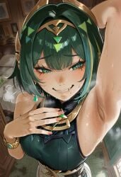 1female 1girls armpit_fetish armpit_pussy armpits arms_behind_back arms_up big_breasts bracelet breasts earrings egyptian embarrassed embarrassed_female eyebrows eyebrows_visible_through_hair eyelashes eyeliner feline female female_pervert genshin_impact green_clothing green_eyes green_hair hand_on_chest hero_neisan horn_jewelry horny jewelry nefer_(genshin_impact) pervert_female presenting_armpit pussy sexually_suggestive sharp_teeth short_hair skirt smell smelly smelly_armpits solo solo_female steam steaming steaming_body steamy steamy_armpits steamy_breath sugestive_pose suggestive sweat sweatdrop sweating sweaty_armpits white_skirt
