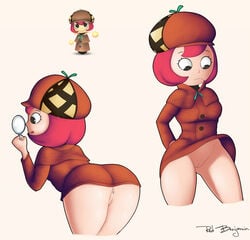 ass bent_over black_eyes breasts brown_coat brown_hat female from_behind hat iris_archwell leaning_forward legs_apart long_sleeves looking_down magnifying_glass medium_breasts mii monster_manor multiple_views nintendo no_panties pink_hair pussy redbenjamin short_hair signature simple_background smile solo standing streetpass_mii_plaza text tongue tongue_out uncensored white_background