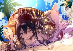 ;o alternative_costume banana_peel bikini bikini_bottom black_hair blue_sky breasts cleavage clothing cloud crescent danua danua_(summer)_(granblue_fantasy) day doll draph_race_(granblue_fantasy) en@rain falling female front-tie_top granblue_fantasy gretel_(granblue_fantasy) hair_between_eyes hansel_(granblue_fantasy) high_resolution horn_ornament horn_ribbon horns innertube large_breasts long_hair official_alternative_costume one_eye_closed open_mouth orange_eyes outdoors palm_tree purple_bikini purple_swimsuit ribbon side-tie_bikini side-tie_bikini_bottom side-tie_clothing side-tie_swimsuit sky solo sunlight swimsuit tree