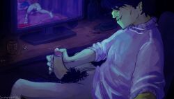 2d_(gorillaz) 2d_(plastic_beach) black_hair closed_eyes computer computer_monitor gorillaz half_naked half_nude male male/male male_only masturbation murdoc_niccals murdoc_niccals_(plastic_beach) penis pleasure pleasured sammym332 screen smile smiling touching_penis