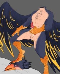 anthro avian bird blush countershade_neck countershade_torso countershading detachable detachable_head falcon falconid headless hi_res male masturbation skwerna_timido solo stepping_on_head