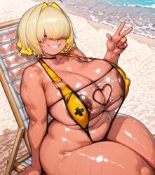 ai_generated beach big_breasts blonde_hair brat breasts breasts_bigger_than_head choker chubby cleavage cleavage_cutout covered_nipples curvy curvy_body curvy_female curvy_figure curvy_hips dark_areola elegg_(boom_and_shock)_(nikke) elegg_(nikke) female female_only goddess_of_victory:_nikke hair_over_one_eye huge_breasts huge_nipples juicy_butt massive_breasts meaty_ass midriff mischievous_smile navel peace_sign purple_eyes sharp_teeth short_hair shortstack slim_waist sling_bikini smug smug_face starlightnex submissive sunny sweat swimsuit tan_body tan_skin thick thick_ass thick_hips thick_legs thick_thighs thigh_highs thighhighs thighs wet wet_body wet_skin wide_hips