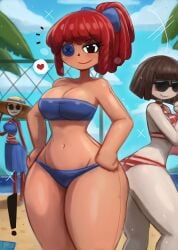 ! 3girls :3 absurdres ass barefoot beach beach_towel bikini black_eyes blue_bikini blue_bow blue_skirt blush blush_stickers bow breasts brown_hair button_eyes buttons cleavage cloud collarbone doll female gangle_(beach_outfit) gangle_(the_amazing_digital_circus) glitch_productions hairbow hands_on_own_hips hat heart highres long_hair looking_at_viewer mask medium_breasts multiple_females multiple_girls navel ocean pale_skin pomni_(beach_outfit) pomni_(the_amazing_digital_circus) ponytail ragatha_(beach_outfit) ragatha_(the_amazing_digital_circus) ragdoll red_bikini red_hair red_ribbon ribbon sand short_hair skirt sky smile sparkle speech_bubble spoken_heart standing striped_bikini striped_clothes sun_hat sunglasses swimsuit the_amazing_digital_circus theatre_mask thick_thighs thighs tony_welt towel volleyball_net water white_mask wide_hips yellow_hat