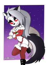 bikini bikini_bottom black_fur boots breasts christmas_outfit clothing female fur fur-trimmed_legwear fur-trimmed_sleeves fur_trim fur_trim_(clothing) furry furry_female gradient_background grey_fur helluva_boss holding_sack javisuzumiya looking_at_viewer loona_(helluva_boss) presents purple_background red_sclera red_thighhighs smile solo spiked_collar tail thighhighs white_eyes white_fur wolf_ears wolf_girl wolf_tail