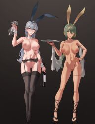 2girls alcohol animal_ears bare_shoulders breasts cup dangodes drinking_glass female gradient_background green_hair grey_hair highleg highres lingerie long_hair looking_at_viewer multiple_females multiple_girls navel nipples nude original pussy rabbit_ears sandals thighhighs toned toned_female underwear wine wine_glass