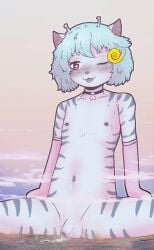 alien antennae_(anatomy) anthro blue_body blue_skin blue_stripes blush bodily_fluids choker city cloud cum genital_fluids genitals hi_res jewelry landscape_dwarfing macro male navel necklace nipples one_eye_closed penis purple_eyes rainbow sky solo stripes teruni-inamor tongue tongue_out virelli wassa_panotto_inamor