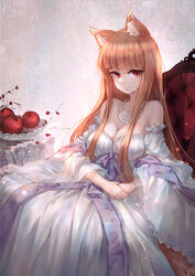 1girls animal_ears apple brown_hair clothing dress female holo large_breasts long_hair one_eye_closed open_mouth painting_(artwork) red_eyes smile solo spice_and_wolf wolf_ears xing