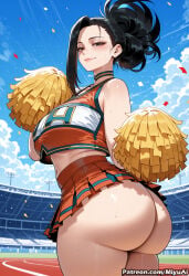 1girl ai_assisted ai_generated artist_name ass bangs bare_shoulders black_hair blue_sky blush boku_no_hero_academia breasts cheerleader cloud confetti crop_top curvaceous curvy curvy_female curvy_figure day female forehead hair_pulled_back large_breasts long_hair looking_at_viewer looking_back miyuai mole my_hero_academia outdoors patreon_logo pleated_skirt pom_poms ponytail shiny shiny_skin skirt sky smile solo sweat thick thick_ass thick_butt thick_hips thick_legs thick_thighs thighs voluptuous voluptuous_female wide_hips wide_thighs yaoyorozu_momo