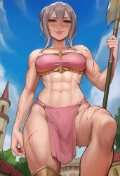 ai_generated bandeau bleeding cut effie_(fire_emblem) female from_below gray_hair green_eyes injury muscular muscular_female pelvic_curtain single_hair_bun spear