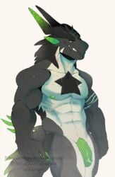 abs anthro biceps black_scales dragon furrypuddingthegreat green_penis grin horn looking_at_viewer male male_only markings muscular naughty_face pecs penis scales scalie simple_background smile solo spikes spines standing star watermark white_background white_scales