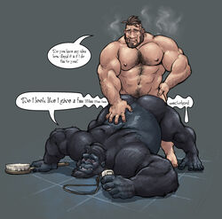 anal anal_sex anthro ape ass_up barefoot big_muscles blush body_hair captaingerbear chest_hair dialogue duo english_text from_behind_position front_view gorilla hand_on_hip hi_res human human_on_anthro interspecies looking_pleasured lying male male_penetrating mammal manly musclegut muscular muscular_male nipples nude on_front pecs penetration primate sex shower_room signature soap speech_bubble spread_legs spreading standing steam text yaoi