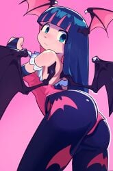 1girls ass bat-print_stockings bat_wings big_ass blunt_bangs breasts capcom cosplay darkstalkers detached_sleeves female female_only head_wings lilith_(darkstalkers)_(cosplay) lilith_aensland_(cosplay) long_hair looking_at_viewer multicolored_hair panty_&_stocking_with_garterbelt pink_hair purple_hair solo source_request stocking_(psg) stocking_anarchy striped_sleeves wings